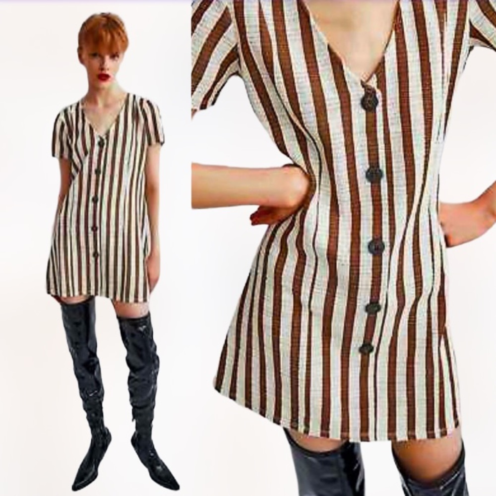 Zara Trafaluc Striped Rustic Buttoned Mini Dress Size Small Tan and Brown
